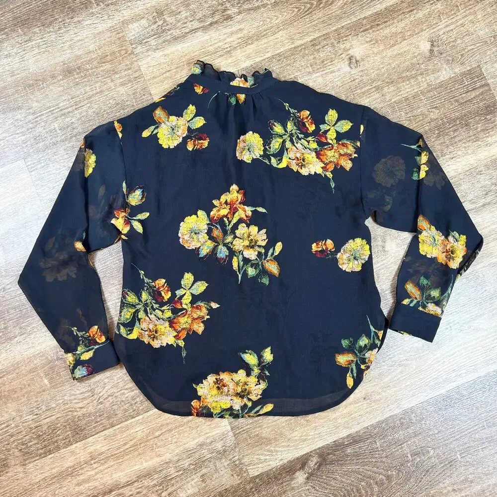 Pilcro Anthropologie Tavi Buttondown Blouse Floral Black Date Night Nice Sheer